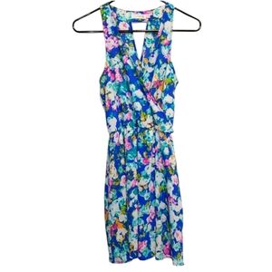 Lush Women's Sleeveless Asymmetrical Colorful Blue Floral Mini Dress Size XS